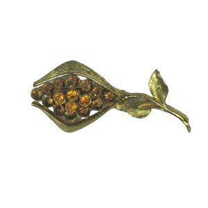 Brooch Blooming Flower Goldtone Unsigned Pin Vintage Leaf Rhinestones Spray